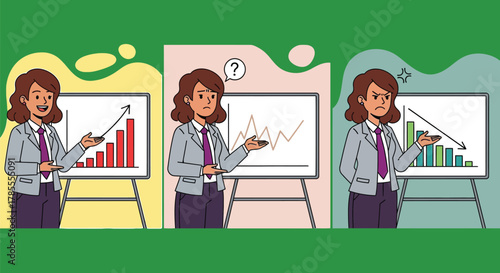 Businesswoman shows chart trends: success, uncertainty, and decline