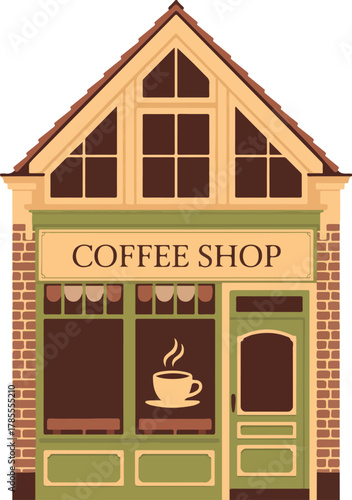 Quaint coffee shop building vector with brick facade and warm inviting storefront illustration