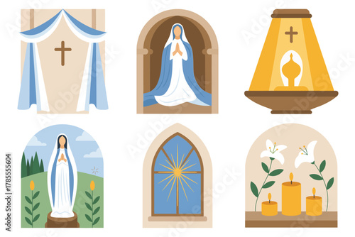 Detailed flat vector icons for religious shrines, showing Madonna, glowing windows, candles, and gothic arch architecture,