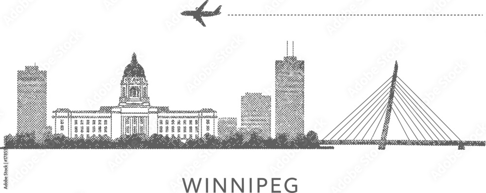 Obraz premium Winnipeg Skyline with Airplane and Cable-Stayed Bridge Silhouette