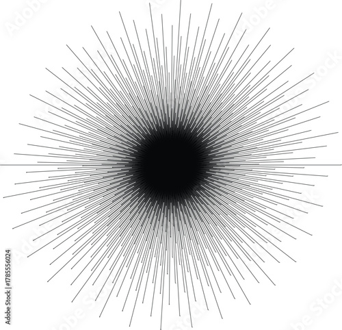 Dense black radial burst of numerous thin lines emanating from a dark center on a white background vector