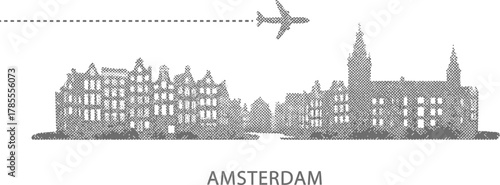 Amsterdam Skyline with Airplane and Dash Line