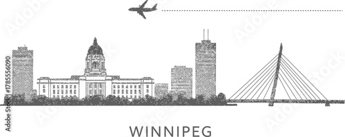 Winnipeg Skyline with Airplane and Cable-Stayed Bridge Silhouette
