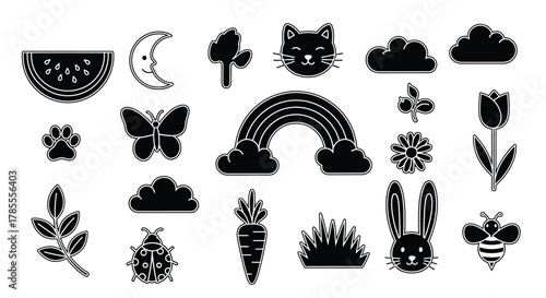 Cute spring nature icons for children's designs and playful projects