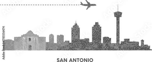 San Antonio Skyline with Airplane and Dashed Flight Path