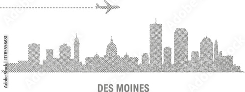 Des Moines Skyline Silhouette with Airplane Travel Icon