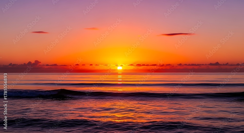 Naklejka premium Vibrant Sunset Over the Ocean with Gentle Waves.