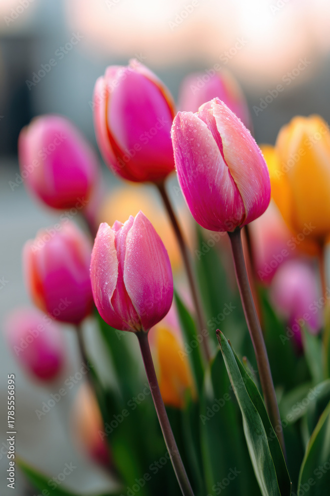 Naklejka premium Spring romantic wallpaper with blooming tulips