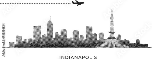 Indianapolis Skyline Silhouette with Airplane and Dotted Flight Path