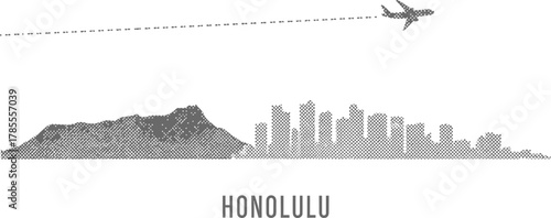 Honolulu Skyline with Airplane and Mountain Silhouette