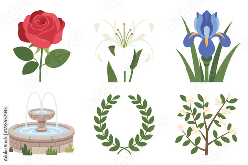 Outline color icons for religious floral decor, illustrating rose, lily, iris, fountain, wreath, and decorative shrubbery,
