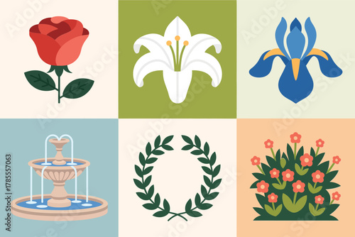Detailed flat vector icons for sacred flower offerings, showing rose, lily, iris, fountain, wreath, and decorative plants,