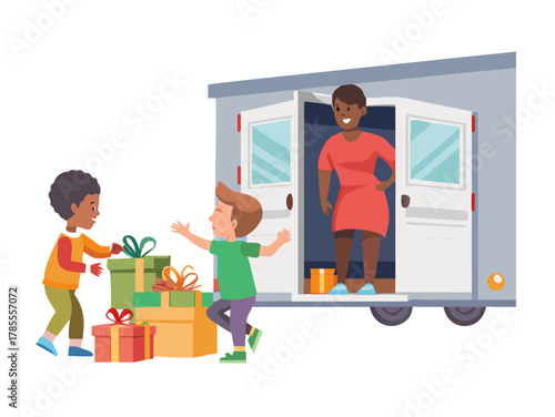 Caucasian mother watches as African American children open gifts on the doorstep Trailer home icon.
