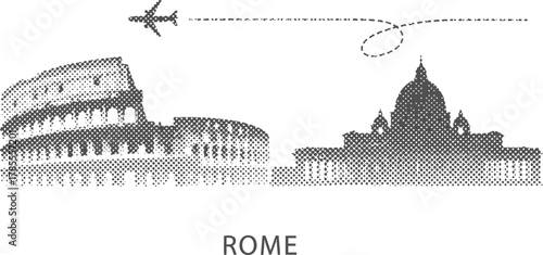 Airplane flying over Rome skyline with Colosseum and Vatican City