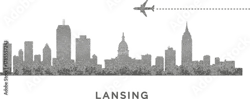 Lansing Skyline with Airplane and Dotted Line