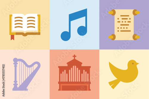 Outline color icons for holy music, illustrating Bible, scroll, music note, harp, organ, dove, and religious text,