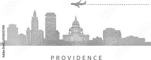 Providence Skyline with Airplane Icon and Dashed Flight Path