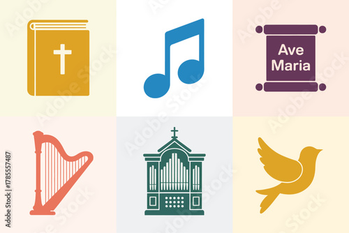 Detailed flat vector icons for spiritual song, showing Bible, scroll, music note, harp, organ, dove, and religious text,