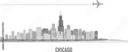 Stylized Chicago Skyline with Airplane and Dotted Line Trail