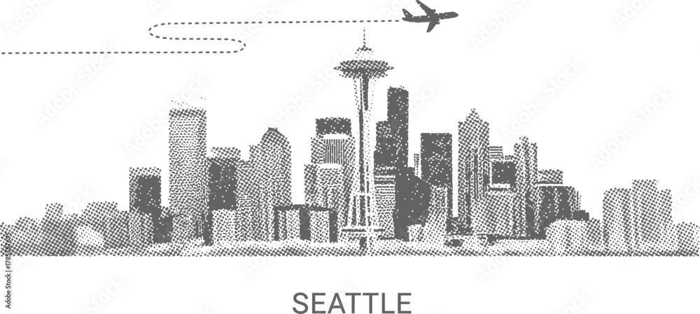 Fototapeta premium Seattle Skyline with Airplane and Dotted Flight Path