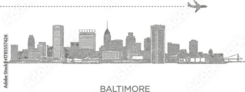 Baltimore City Skyline Silhouette with Airplane
