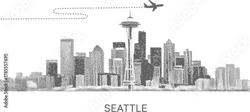 Seattle Skyline with Airplane and Dotted Flight Path