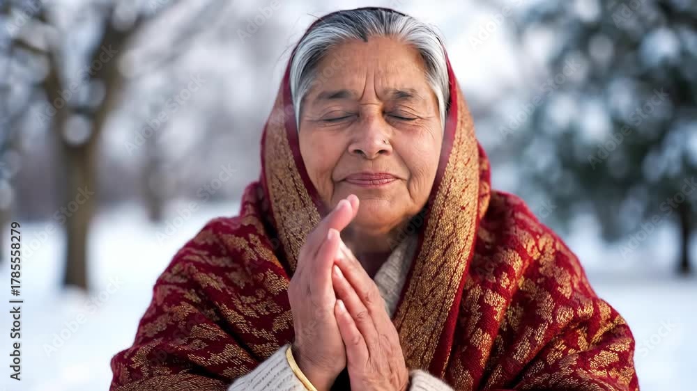 Elderly South Asian woman warming her hands with her breath in a cold snowy park. Close-up of a senior person with visible vapor in the freezing winter air
