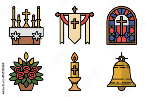 Flat vector icons for altar setting, featuring candles, cross, flowers, arch, bell, and decorative ceremonial elements,