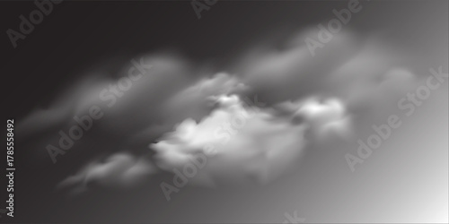 White fluffy clouds on a black sky background. Illustration