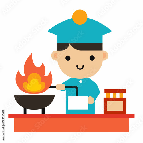Thai Street Chef Cooking Pad Thai on Wok Vector Illustration