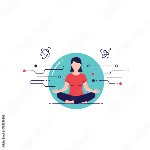 Woman in a meditative lotus position, surrounded by digital lines and atom symbols representing focus and a clear mind.