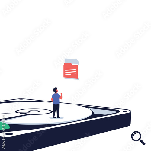 Concept of data recovery with a small person standing on a giant computer hard drive looking at a floating file document.