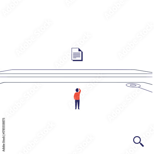 Minimalist concept of searching for information, showing a tiny person looking up at a document icon in a vast space.
