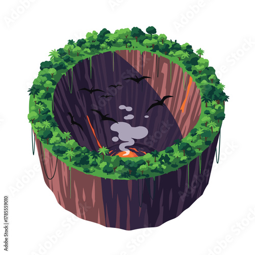 Isometric view of a prehistoric volcanic crater, revealing a hidden jungle ecosystem with lava flows and flying pterodactyls.