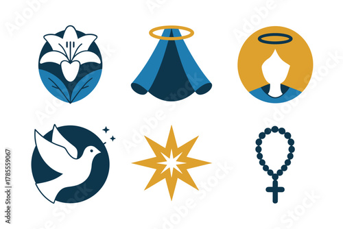 Outline color icons for sacred symbols, illustrating lilies, Madonna, dove, star, halo, and rosary beads decoration,