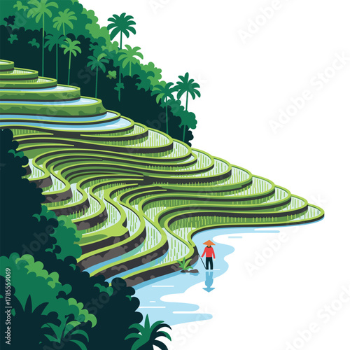 Sweeping landscape of vibrant green, water-filled rice terraces carved into a tropical hillside with a lone farmer at work.