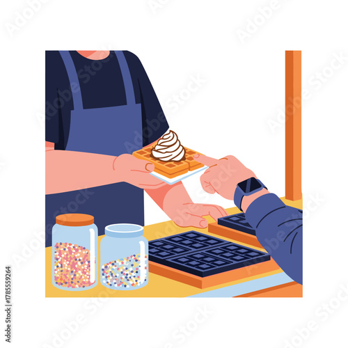 A customer uses a smartwatch for a quick and easy contactless payment to buy a fresh waffle from a street food vendor.