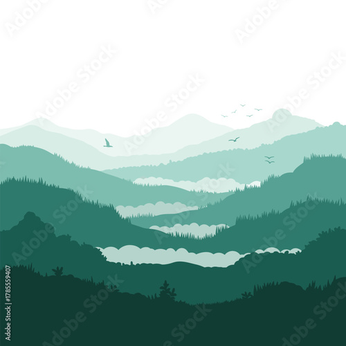 A beautiful, layered green mountain landscape with dense pine forests, fog in the valleys, and birds flying in the sky.
