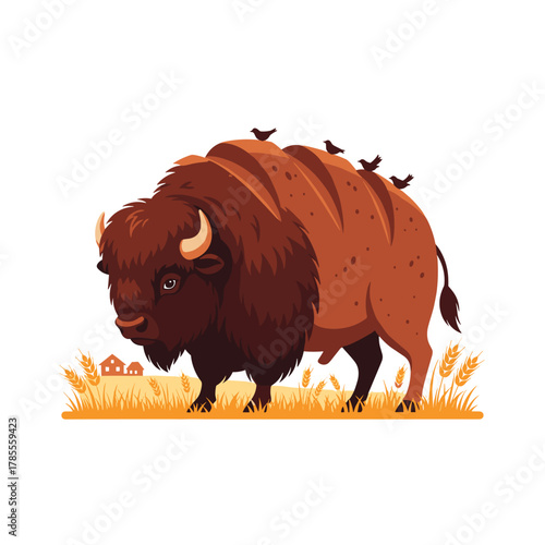 A funny and surreal illustration of a bison or buffalo whose body is cleverly shaped like a large loaf of bread.