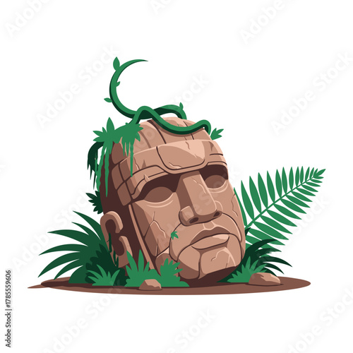 Ancient carved Olmec-style stone head statue, cracked and overgrown with jungle vines and ferns, on a white background.