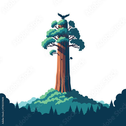 Majestic giant sequoia or redwood tree towering over a lush forest canopy with a bird perched on its highest branch.