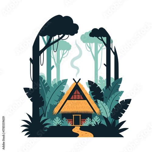 Cozy stilt hut with a thatched roof and smoking chimney nestled among lush tropical trees and plants in the jungle.