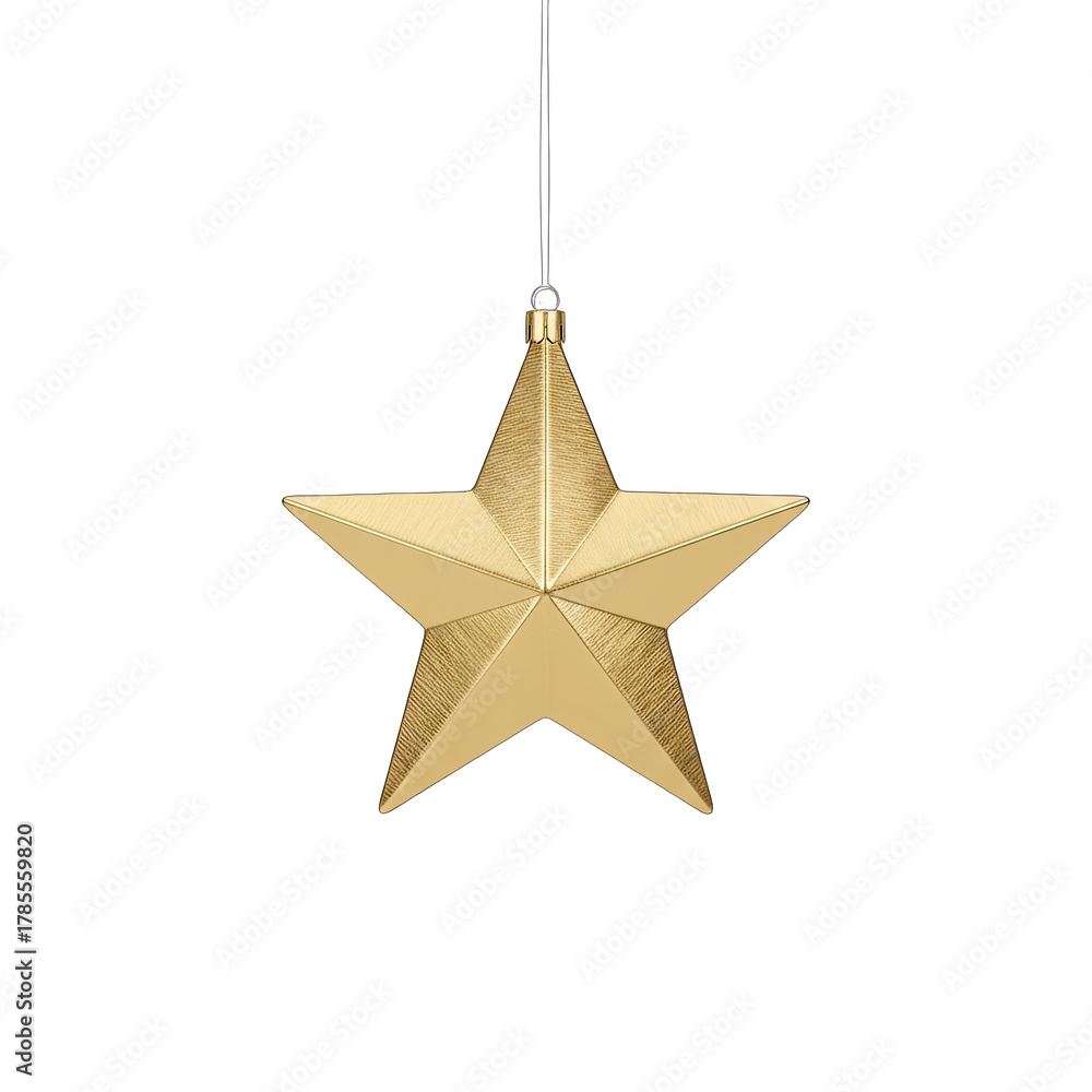 Fototapeta premium Golden Star Ornament Hanging on White String Isolated on Transparent Background with Subtle Sparkle Detail and Studio Lighting