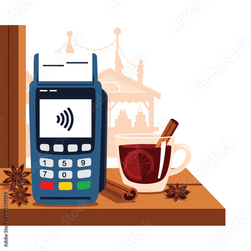 Contactless payment terminal on a wooden counter next to a warm glass of mulled wine at a festive Christmas market stall.