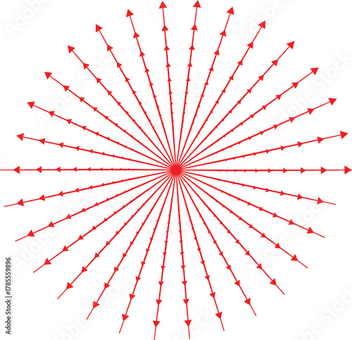 Red Arrows Pointing Outward in a Radial Pattern from a Central Red Circle on a White Background vector
