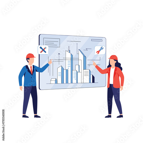 Male and female engineers in hard hats collaborating on a new construction project, pointing at a digital city blueprint.