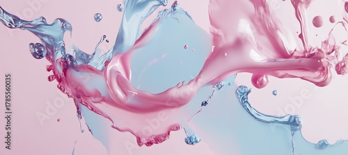 Elegant splash of pink and blue liquid against a soft pink backdrop, creating a dynamic and fluid abstract design empty template ideal for personalized use