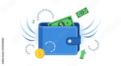 Dynamic Financial Growth and Money Management Concept with a Wallet, Cash, and Coin, Illustrating Secure Online Transactions and Increasing Wealth