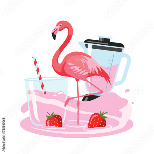 A pink flamingo stands in a puddle of strawberry smoothie with a blender and a full glass with a straw and berries.