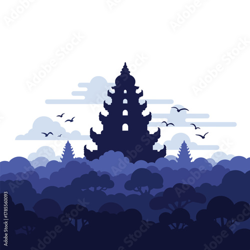 Majestic silhouette of a traditional Asian pagoda stands tall above a misty forest canopy under a cloudy sky with birds flying.